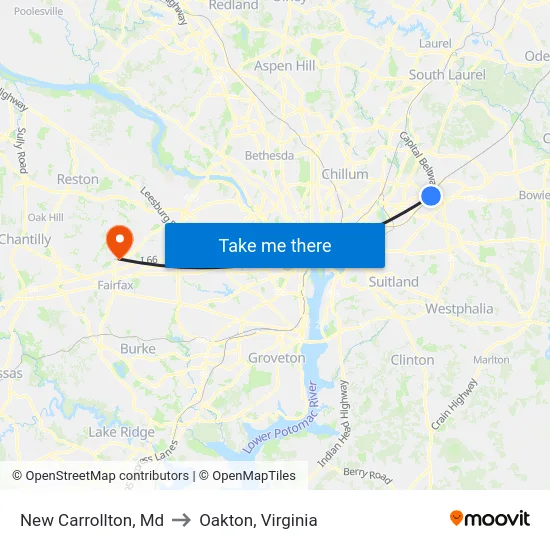 New Carrollton, Md to Oakton, Virginia map