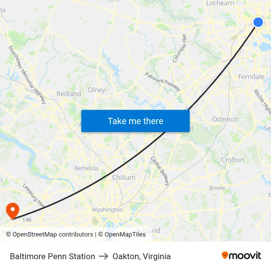 Baltimore Penn Station to Oakton, Virginia map