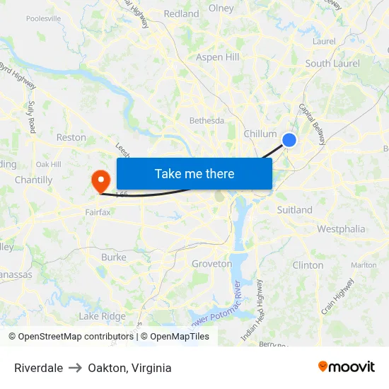 Riverdale to Oakton, Virginia map