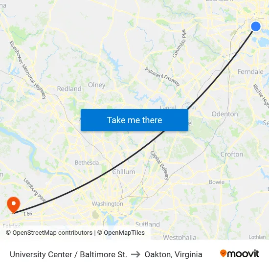 University Center / Baltimore St. to Oakton, Virginia map