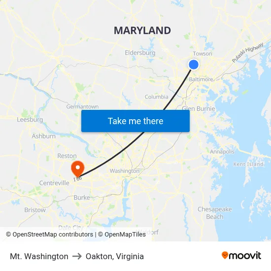 Mt. Washington to Oakton, Virginia map