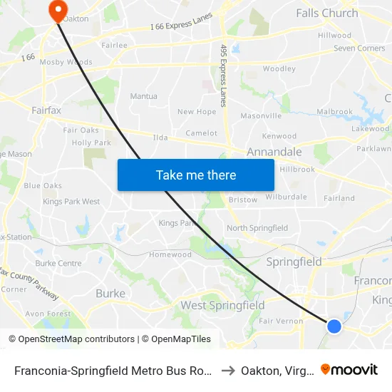 Franconia-Springfield Metro Bus Route 301 to Oakton, Virginia map