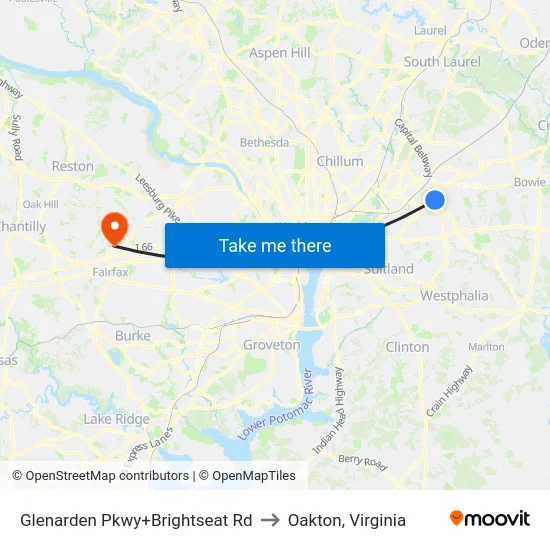 Glenarden Pkwy+Brightseat Rd to Oakton, Virginia map