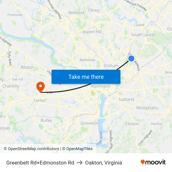 Greenbelt Rd+Edmonston Rd to Oakton, Virginia map