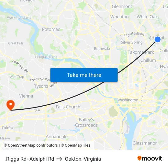 Riggs Rd+Adelphi Rd to Oakton, Virginia map