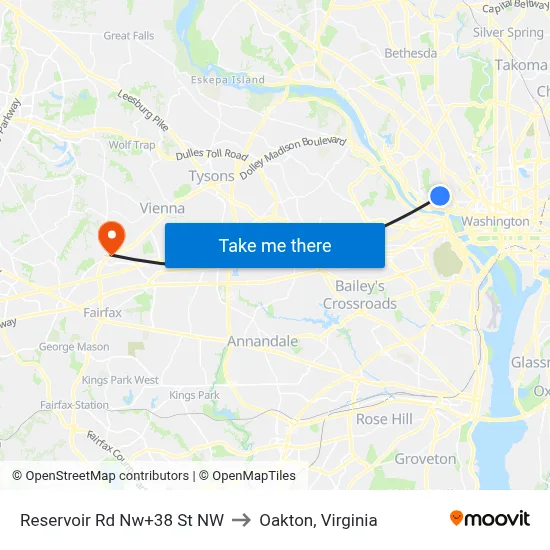 Reservoir Rd Nw+38 St NW to Oakton, Virginia map