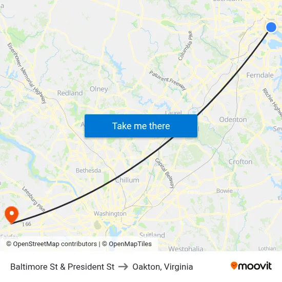Baltimore St & President St to Oakton, Virginia map