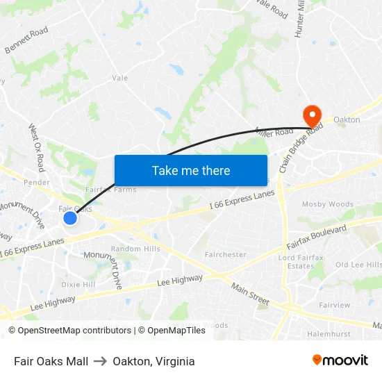 Fair Oaks Mall to Oakton, Virginia map