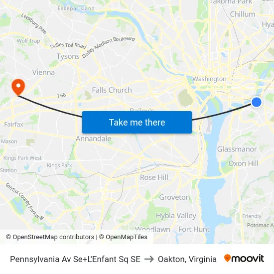 Pennsylvania Av Se+L'Enfant Sq SE to Oakton, Virginia map