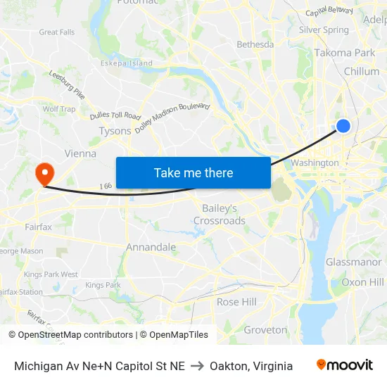 Michigan Av Ne+N Capitol St NE to Oakton, Virginia map