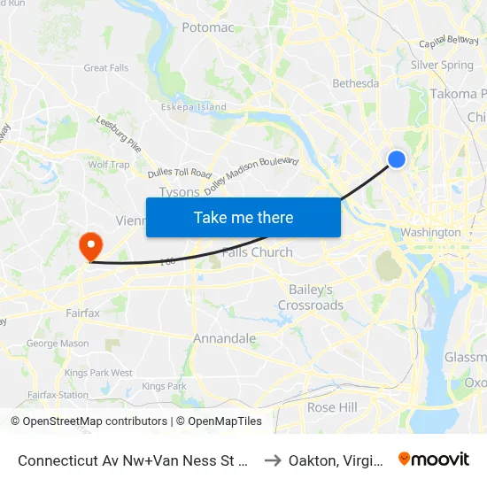 Connecticut Av Nw+Van Ness St NW to Oakton, Virginia map