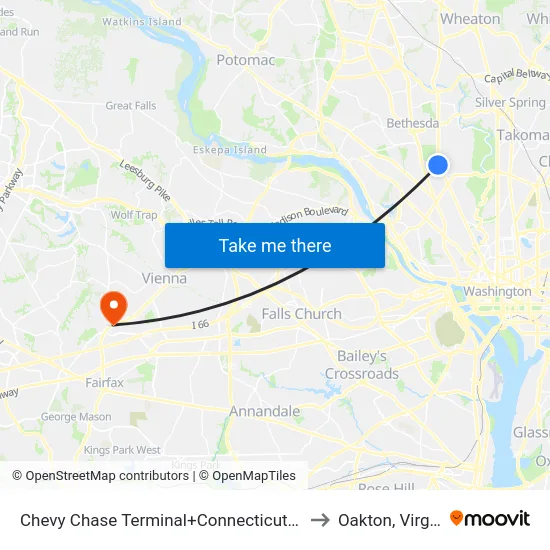 Chevy Chase Terminal+Connecticut Av NW to Oakton, Virginia map