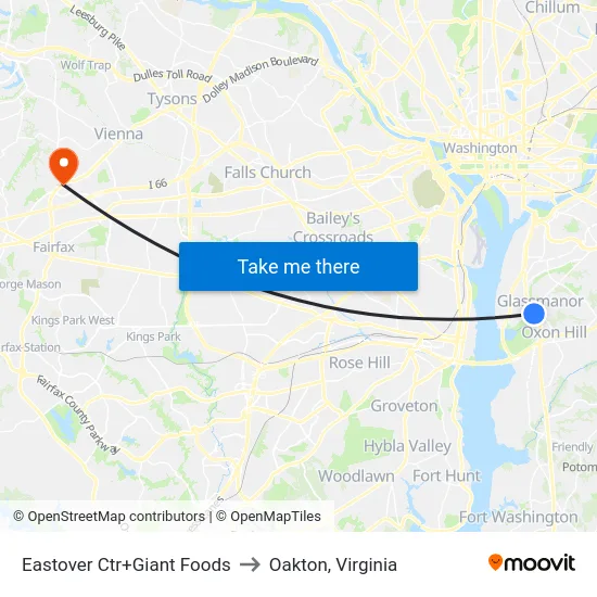 Eastover Ctr+Giant Foods to Oakton, Virginia map