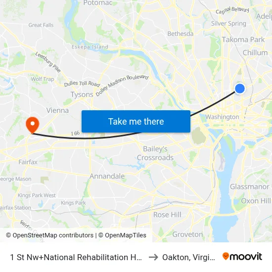 1 St Nw+National Rehabilitation Hosp to Oakton, Virginia map
