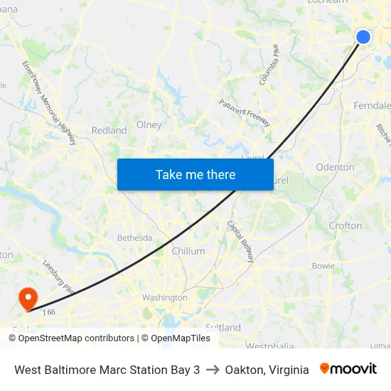 West Baltimore Marc Station Bay 3 to Oakton, Virginia map