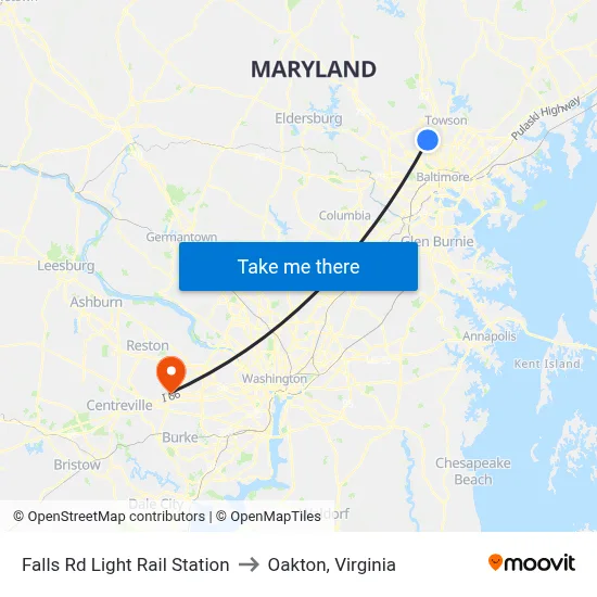 Falls Rd Light Rail Station to Oakton, Virginia map
