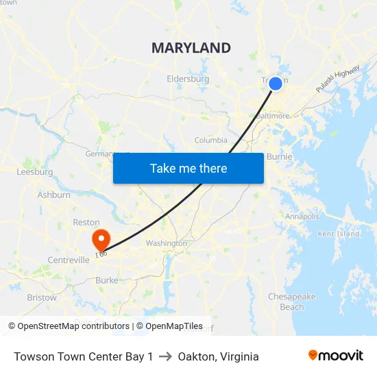 Towson Town Center Bay 1 to Oakton, Virginia map