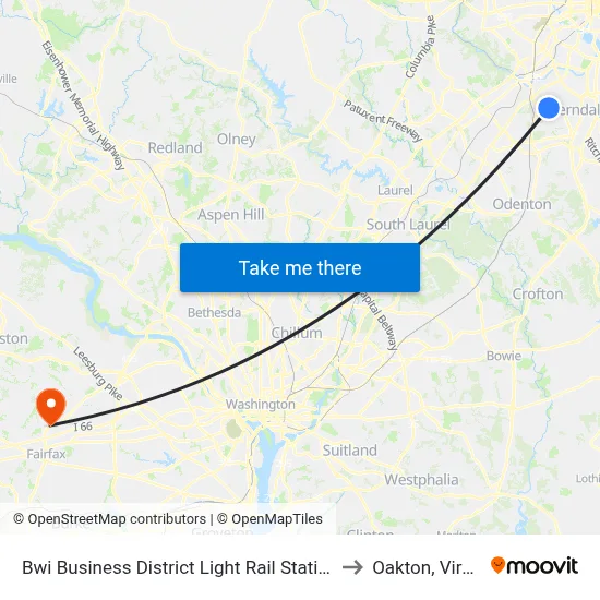 Bwi Business District Light Rail Station Bay 1 to Oakton, Virginia map