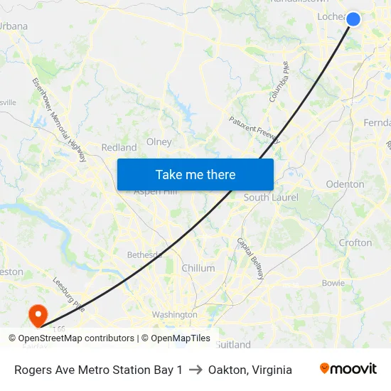 Rogers Ave Metro Station Bay 1 to Oakton, Virginia map