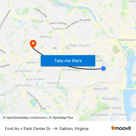 Ford Av + Park Center Dr to Oakton, Virginia map