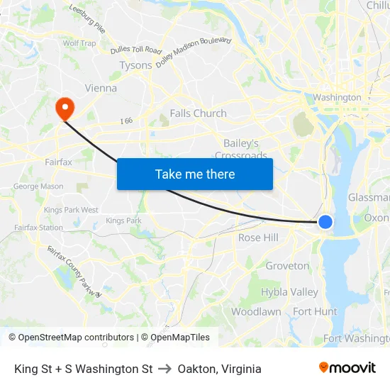 King St + S Washington St to Oakton, Virginia map