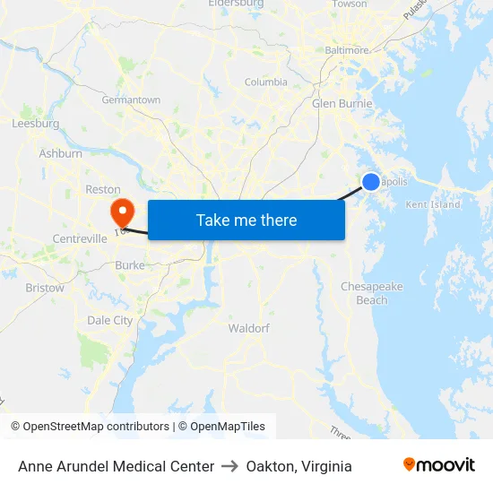 Anne Arundel Medical Center to Oakton, Virginia map