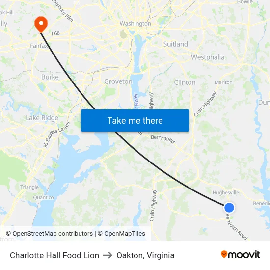 Charlotte Hall Food Lion to Oakton, Virginia map