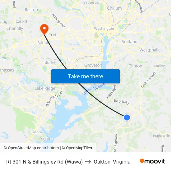 Rt 301 N & Billingsley Rd (Wawa) to Oakton, Virginia map