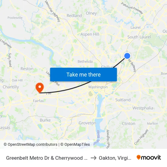 Greenbelt Metro Dr & Cherrywood Ln to Oakton, Virginia map