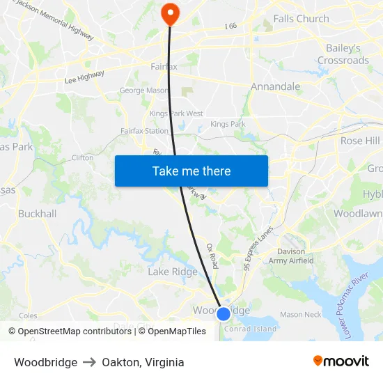 Woodbridge to Oakton, Virginia map