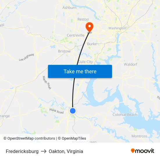 Fredericksburg to Oakton, Virginia map