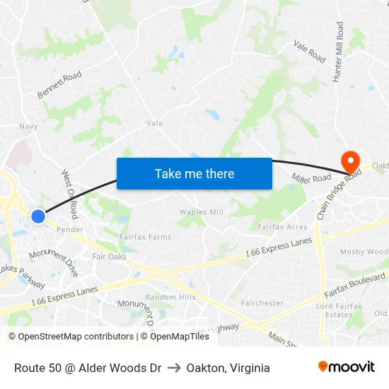 Route 50 @ Alder Woods Dr to Oakton, Virginia map