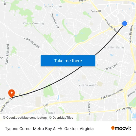 Tysons Corner Metro Bay A to Oakton, Virginia map