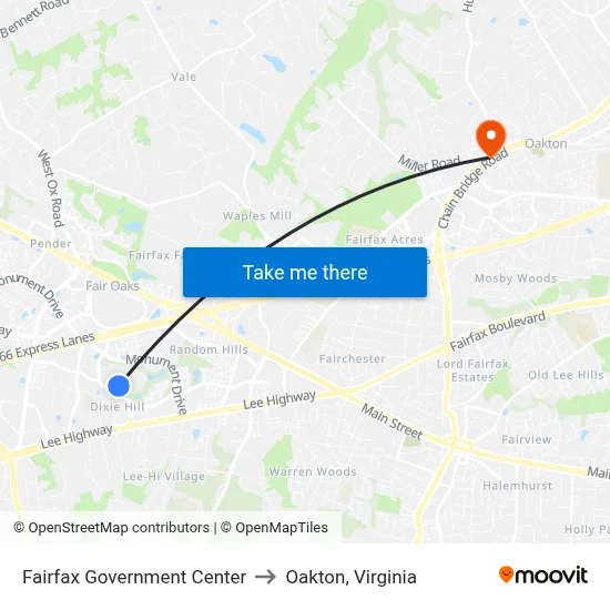 Fairfax Government Center to Oakton, Virginia map