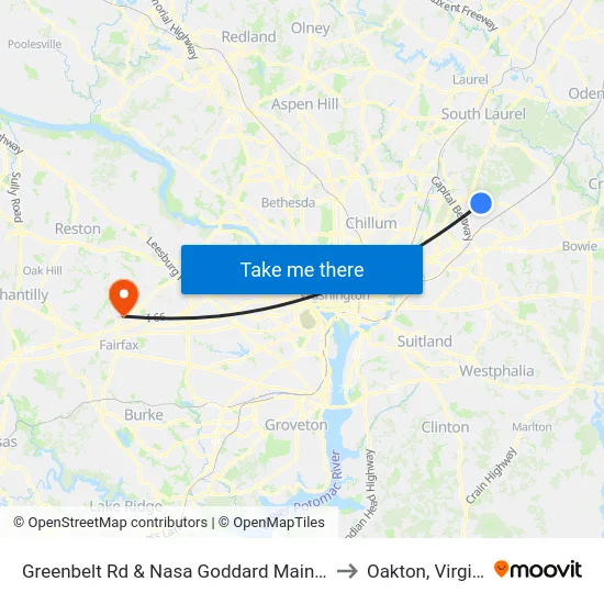 Greenbelt Rd & Nasa Goddard Main Gate to Oakton, Virginia map