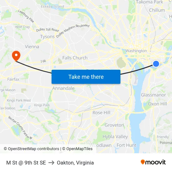 M St @ 9th St SE to Oakton, Virginia map