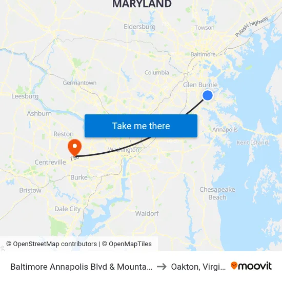 Baltimore Annapolis Blvd & Mountain Rd to Oakton, Virginia map