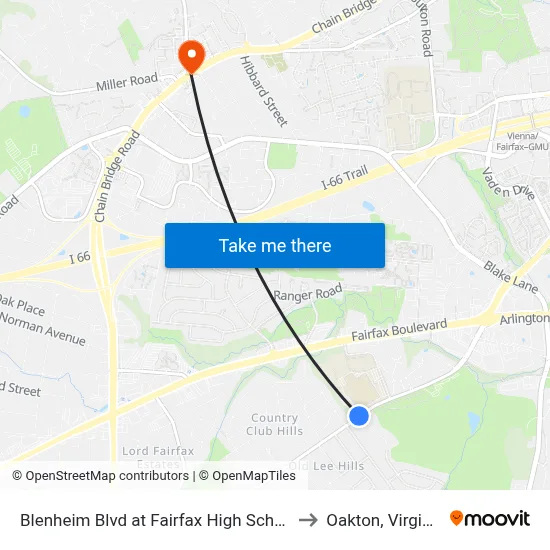 Blenheim Blvd at Fairfax High School to Oakton, Virginia map