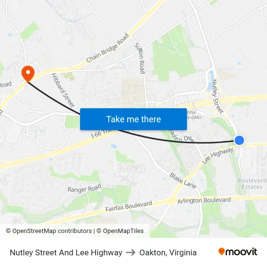 Nutley Street And Lee Highway to Oakton, Virginia map