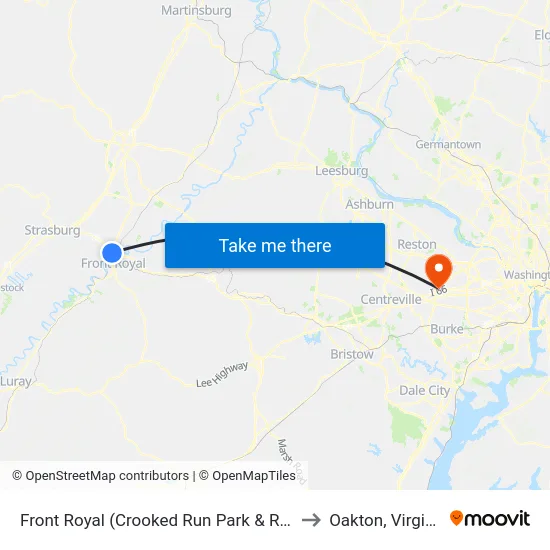 Front Royal (Crooked Run Park & Ride) to Oakton, Virginia map