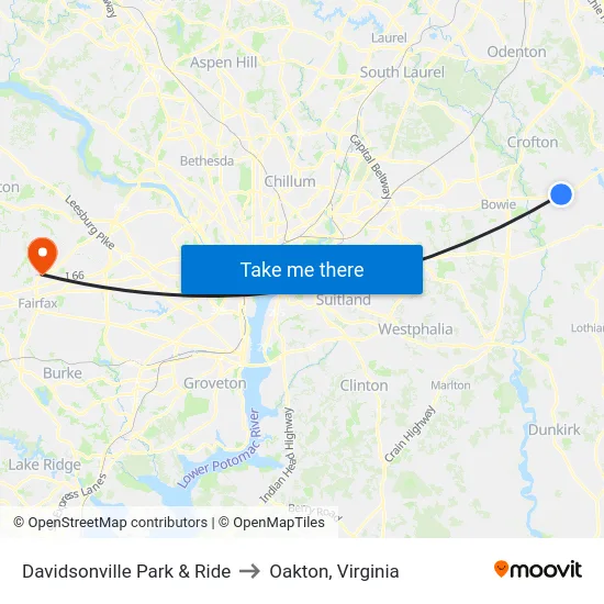 Davidsonville Park & Ride to Oakton, Virginia map