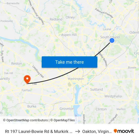 Rt 197 Laurel-Bowie Rd & Murkirk Rd to Oakton, Virginia map