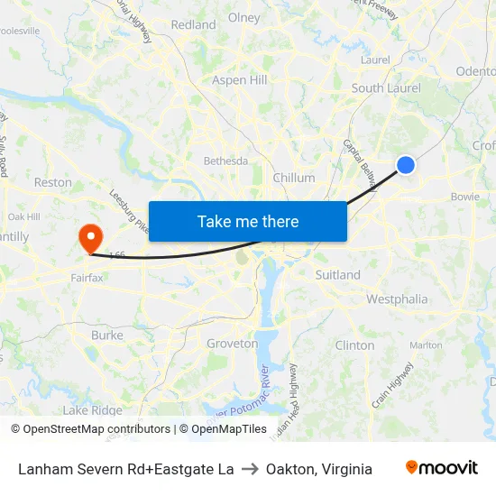 Lanham Severn Rd+Eastgate La to Oakton, Virginia map