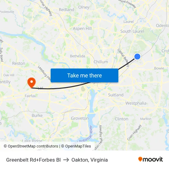 Greenbelt Rd+Forbes Bl to Oakton, Virginia map