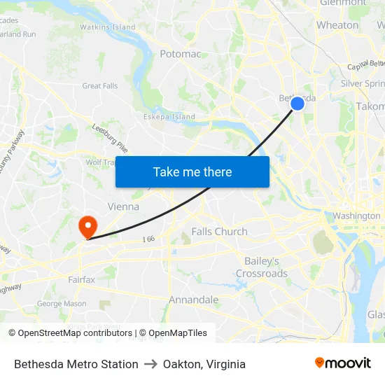 Bethesda Metro Station to Oakton, Virginia map