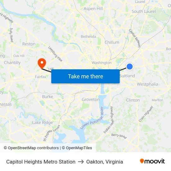 Capitol Heights Metro Station to Oakton, Virginia map