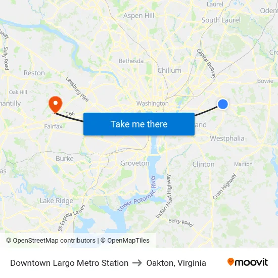 Downtown Largo Metro Station to Oakton, Virginia map