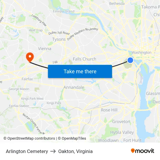 Arlington Cemetery to Oakton, Virginia map