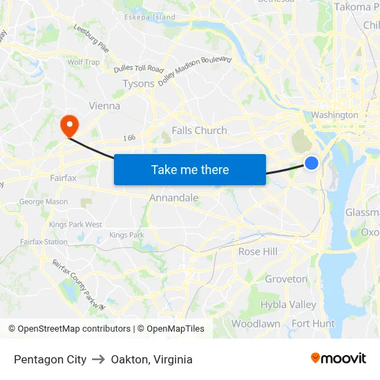 Pentagon City to Oakton, Virginia map