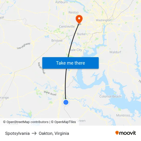 Spotsylvania to Oakton, Virginia map